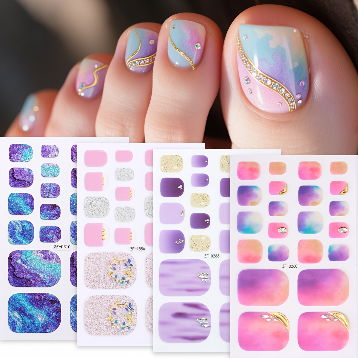 Image of 88pcs Romantic Evening Sunset Toe Nail Polish Strips, Summer Marbled Lines Dotted Diamonds Self-adhesive Toe Nail Full Wraps, Suitable For Women's Travel Vacation Quick Manicure Nail Supplies