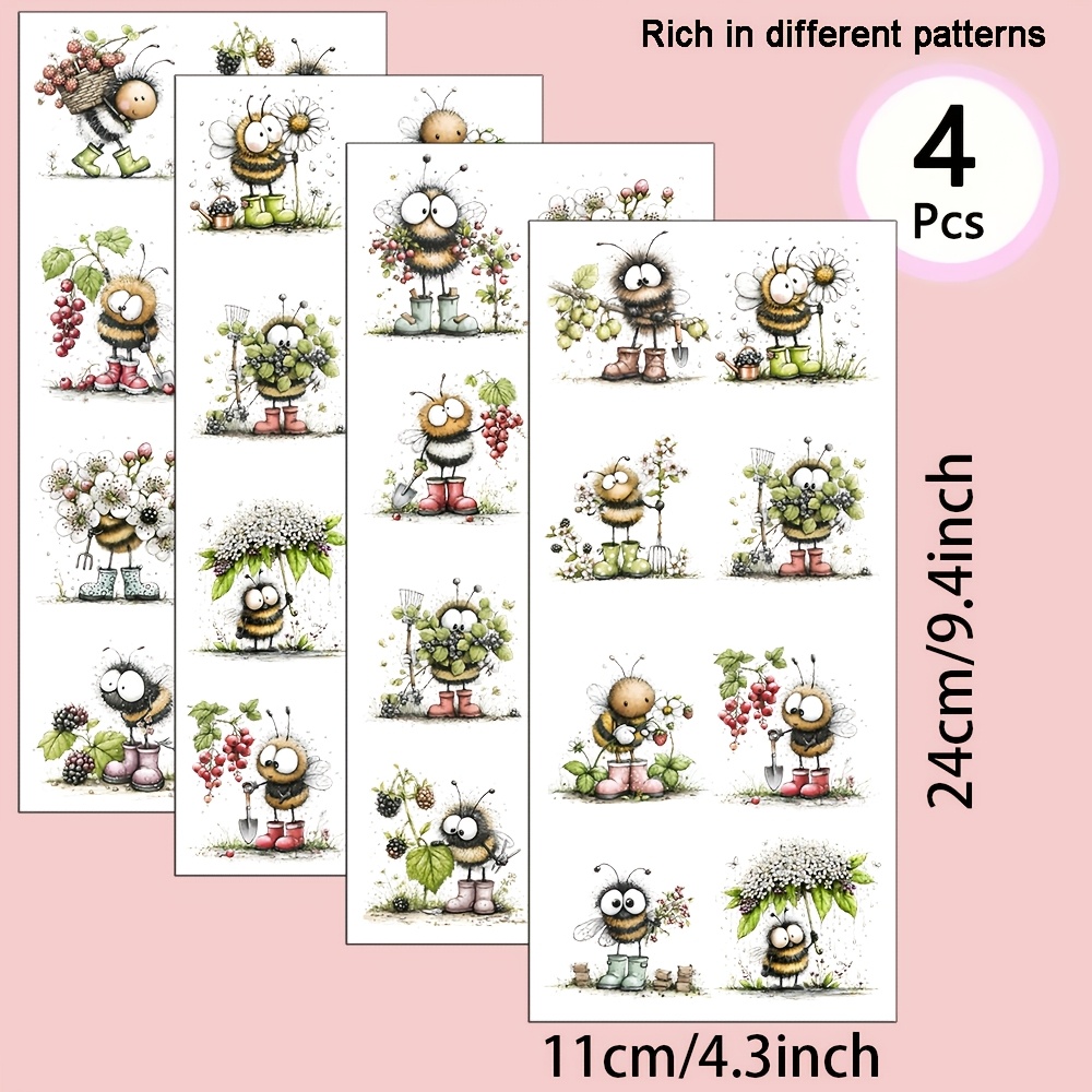 E-shop 4er-Set Aquarell-Blumen-Bienen-Transferfolie, geeignet für DIY-Bastelarbeiten, selbstklebend UV mit Bienen- & Blumenmustern, Kunststofffolien
