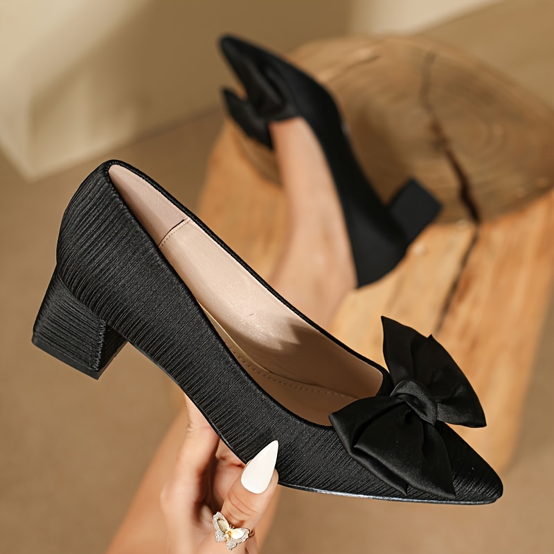 

Elegant Striped Satin Bowknot Pumps - Comfortable Chunky Heel, Pointed Toe Dress Shoes For Women | Fashion, Formal Footwear | Europeanstyle Pumps | Satin Fabric Shoes