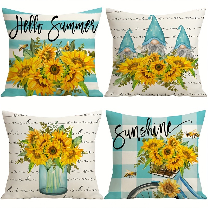 

4pcs, Summer Pillow Covers 18x18 Inch Gnome Sunflowers Throw Pillow Covers Blue Stripes Plaid Hello Summer Decorations Sunshine Cushion Covers For Sofa Couch