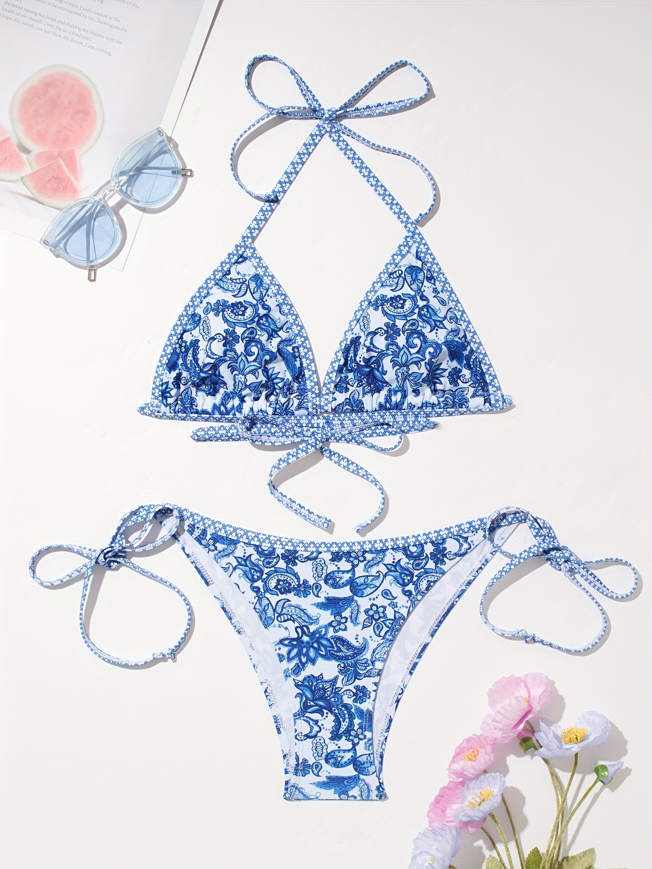 new simple ribbon bikini blue white porcelain - Temu