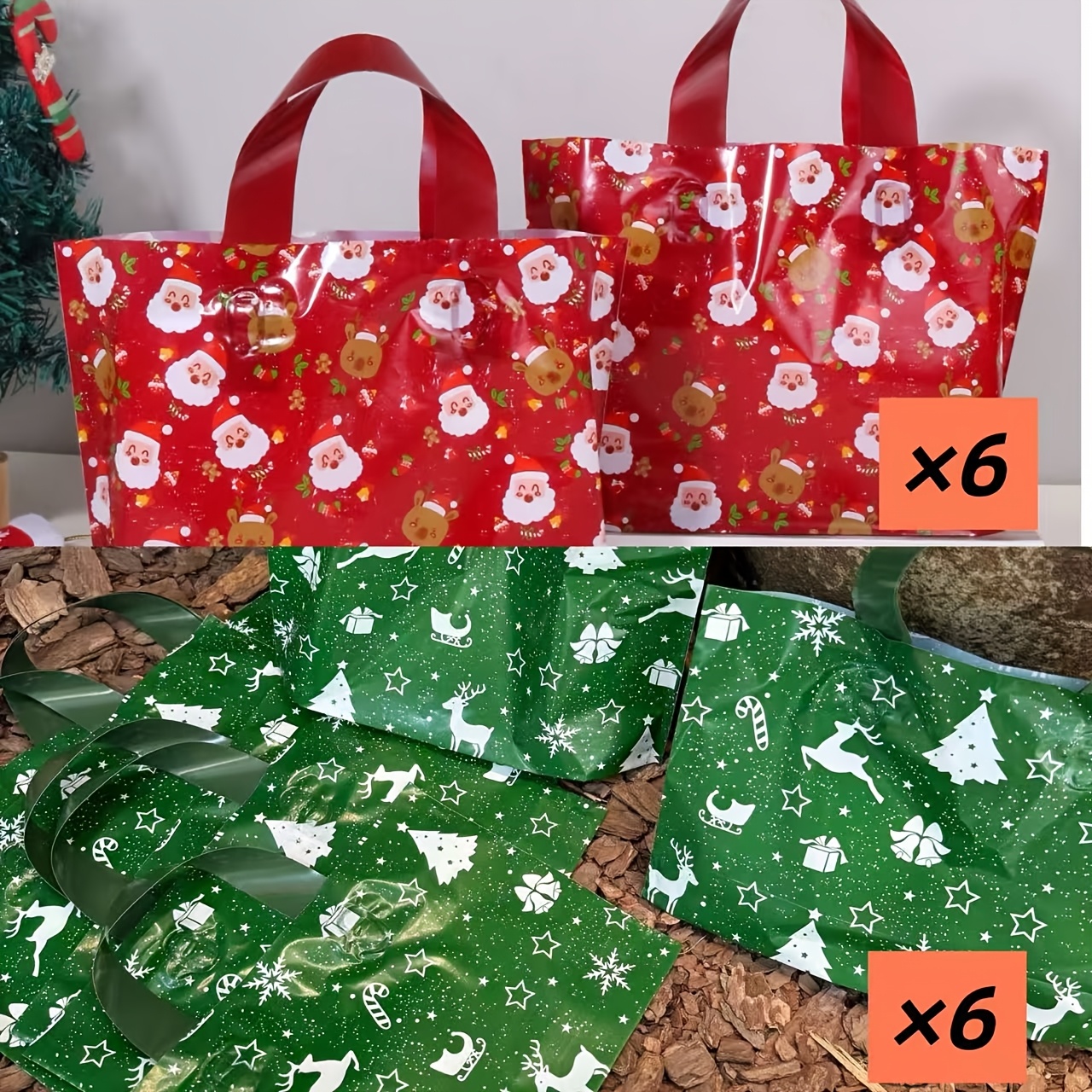 TEMU 12-pack Cartoon Christmas Print Plastic Tote Bags, Reusable Waterproof Gift Bags, Universal Holiday Party Storage And Decorative Bags. Suitable