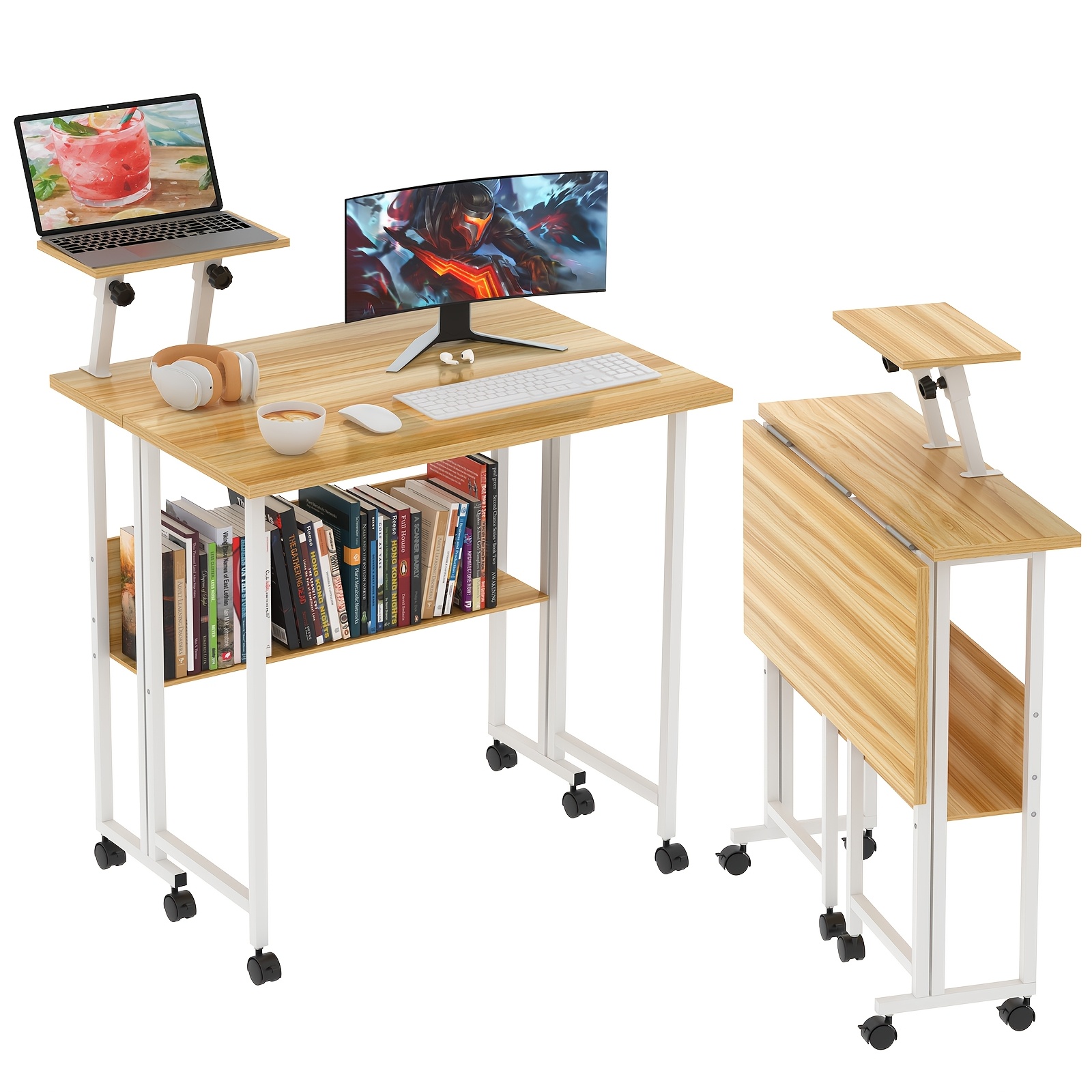 E-shop Faltbarer Computer Schreibtisch mit Rollen, Klappbarer Tisch mit Ablage, Platzsparend und Mobiler, Geeignet für Home Office und Arbeitszimmer