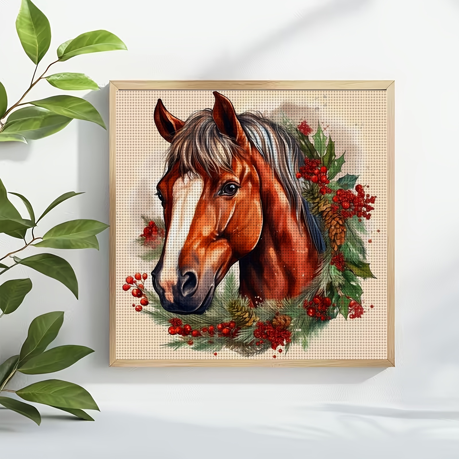 Cross-Stitch Kit Featuring Horses and Christmas Wreath Design