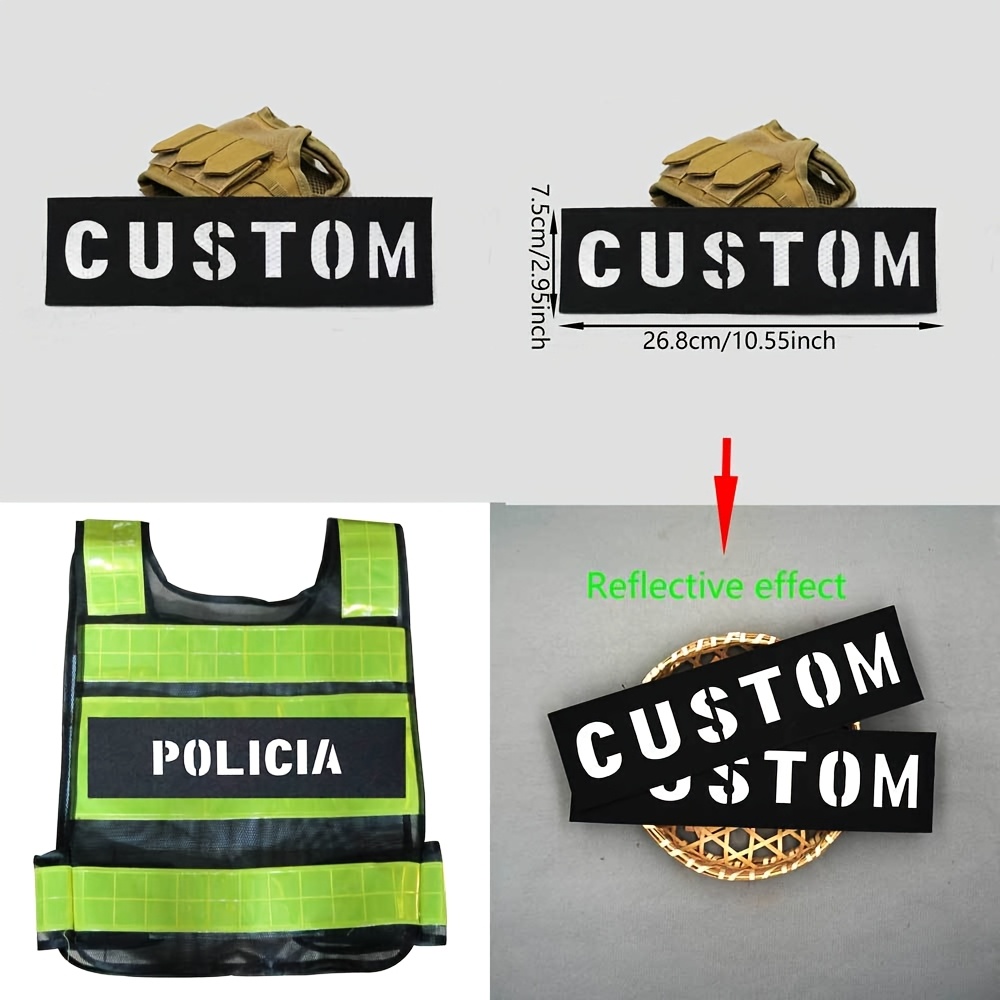 

2pcs Custom Reflective Letter Patches, 10.55" X 2.95", Black - Personalize For Vests & Gear, Hook & Loop Backing