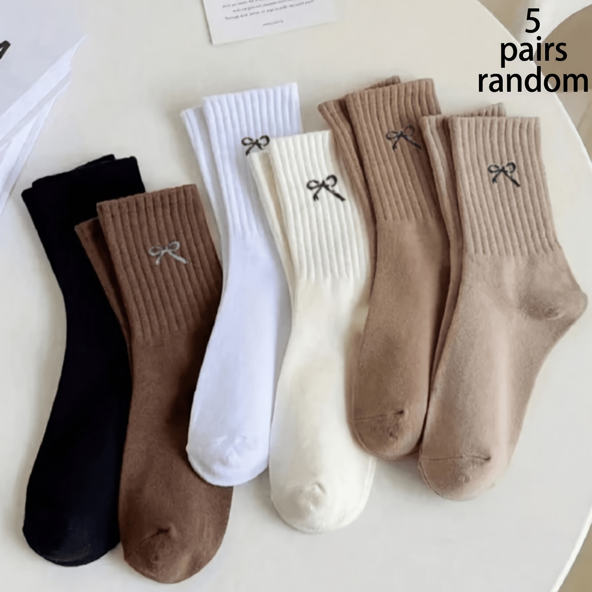 Image of Random 5-pair Children's Random Color Bowknot Fashionable, Trendy, Soft, Comfortable, Casual Mid-calf Socks, Student Socks; Suitable For Daily Or Sports Wear, Back To School Essentials