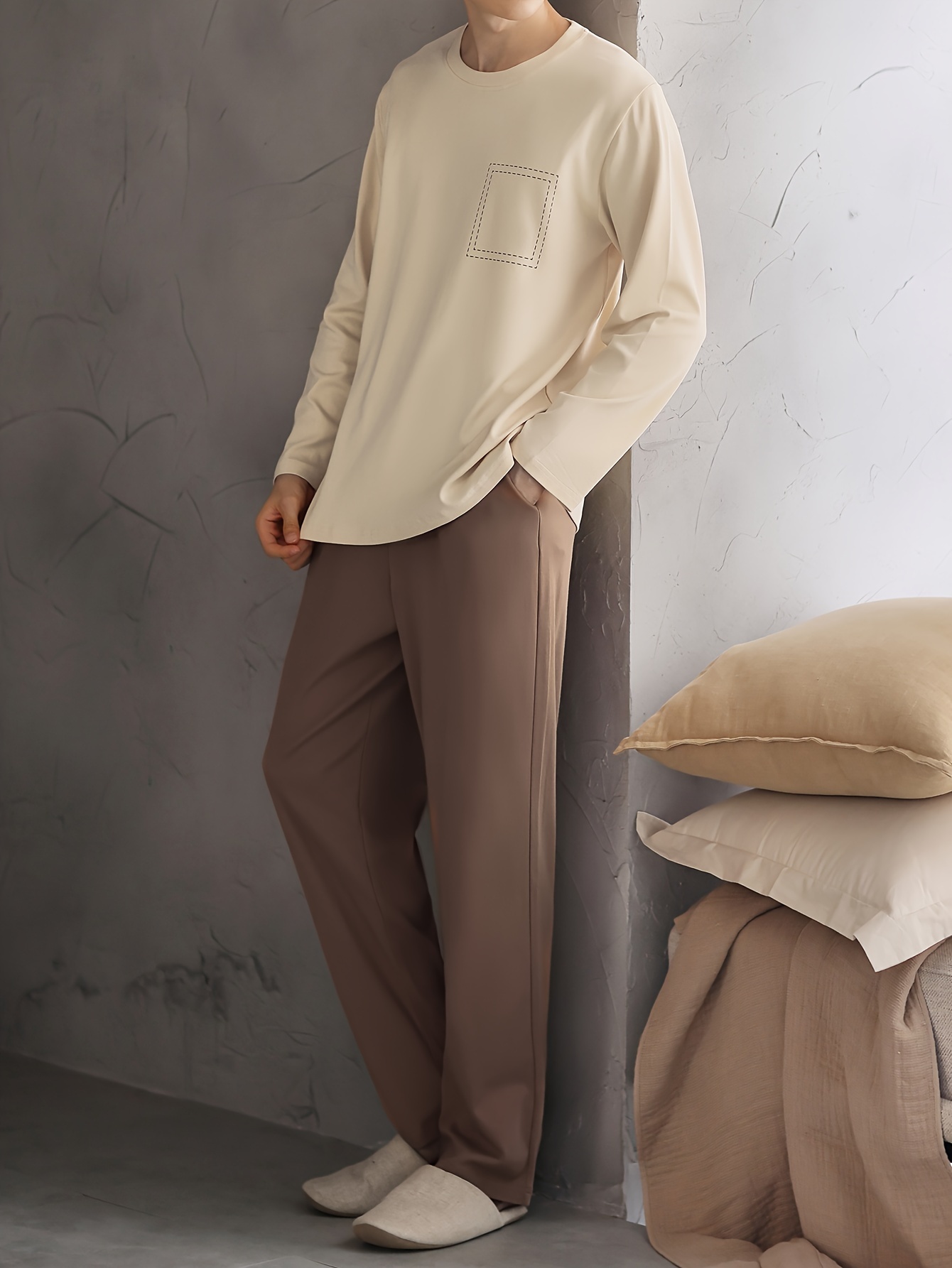 Men's Cotton Sleepwear Set - Casual Crew Neck Long Sleeve Pajama with Pockets - Geometric Pattern Knit Fabric Lounge Set for Spring/Fall - 100% Cotton Comfortable PJ Set with Slight Stretch