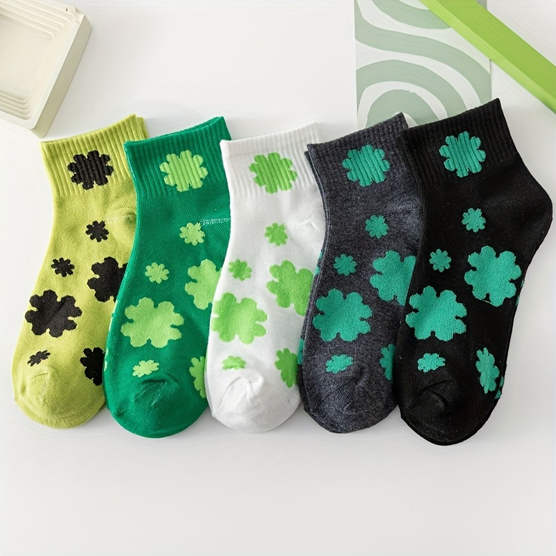 

5-pack Women's Shamrock Print Socks, Soft Comfortable Polyester , Short Ankle Socks, Machine Washable, , Woven Fabric, Outdoor Casual Footwear Accessory