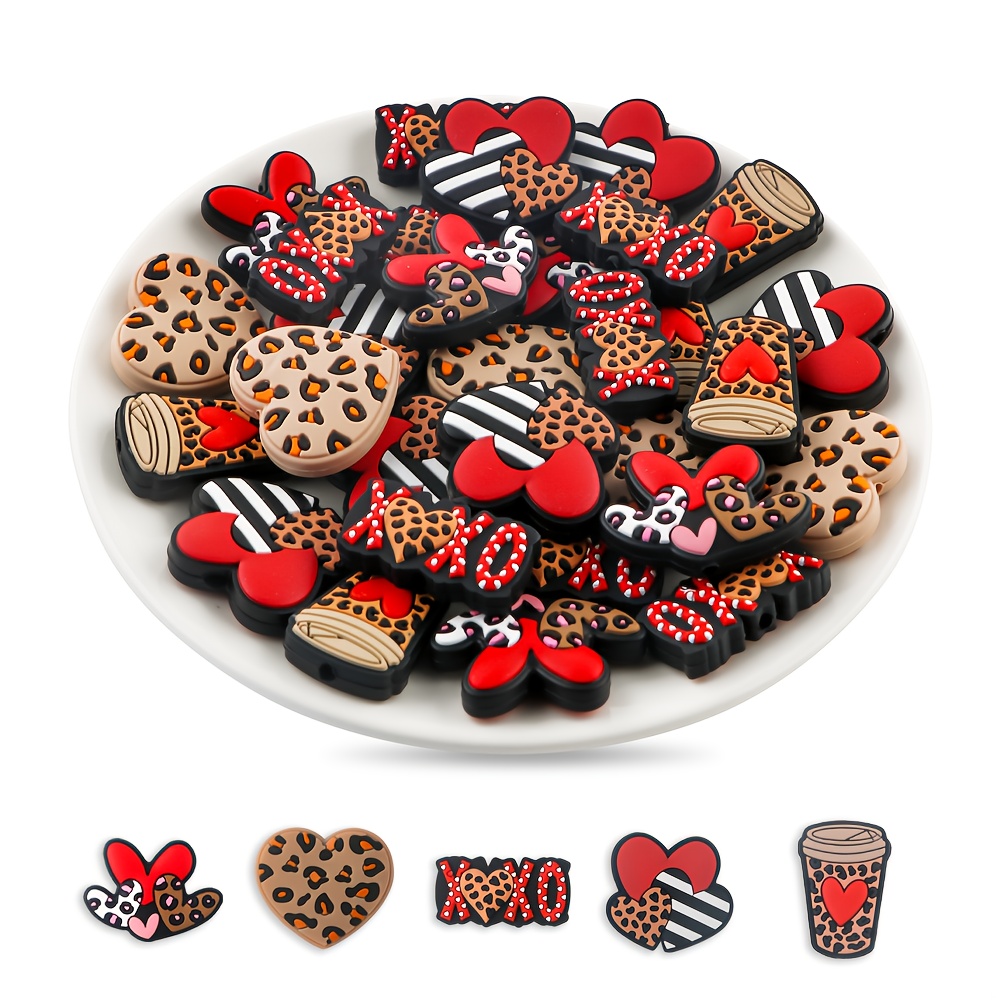 

20pcs Valentine's Day Silicone Bead Set - Heart Pattern Beads For Diy Bracelets, Keychains & Crafts