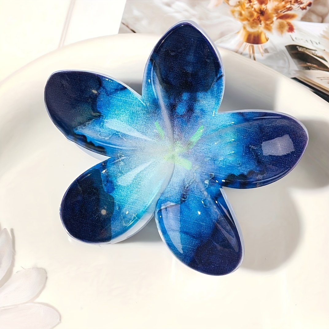 1pc Blue Marble Texture Hair Claw European And Sweet Frangipani Hair Clip High-end Shark Clip Hair Additions