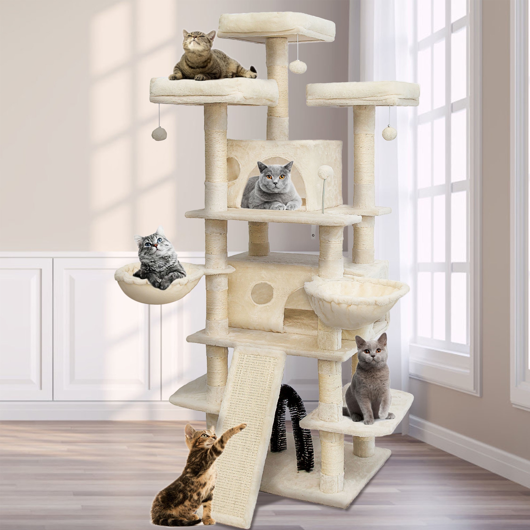 68 inches   level cat tree tall multi cats tower with 2 big cat condo cat hair brush large cat tree with 3 plush perches scratching posts for kittens smokey grey details 4