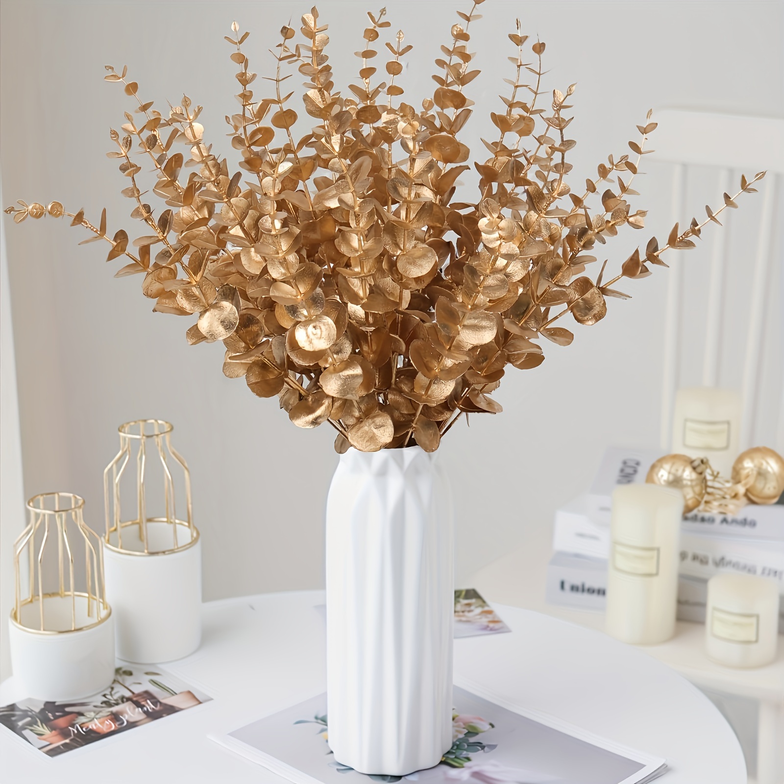 

10pcs Lifelike Golden Eucalyptus Stems - & Low-maintenance Artificial Plants For Indoor/outdoor Decor, Table Centerpieces, Garden, Wedding, Christmas Diy