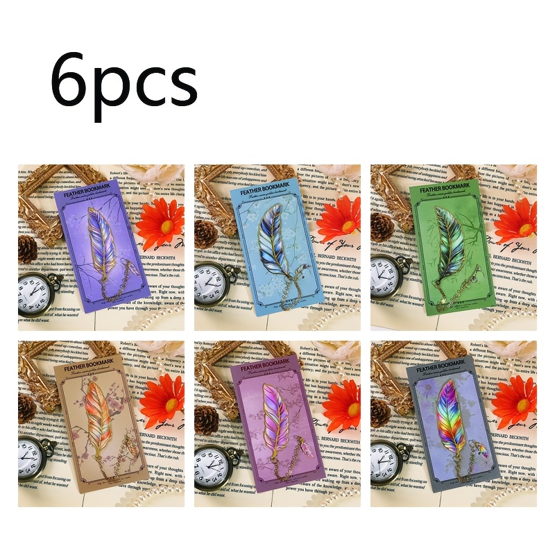 TEMU Lot de 6 marque-pages plumes colorées avec pendentifs, élégants cadeaux souvenirs culturels et créatifs