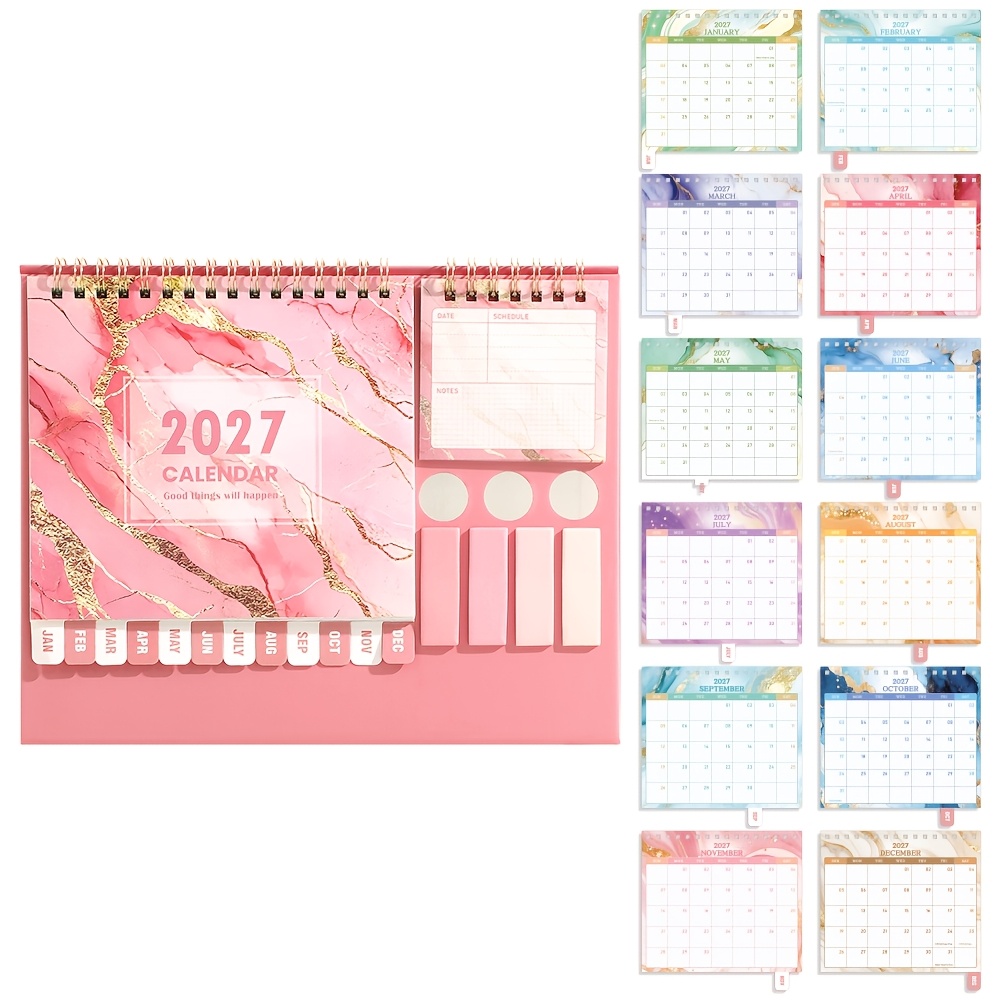Image of 2027 Gilded Pink Marble Desk Calendar Multifunctional -one Set With Stickers Labels Sticky Notes Pen Holder Back For School Home Office Daily Weekly Monthly Organizer Gift Kit