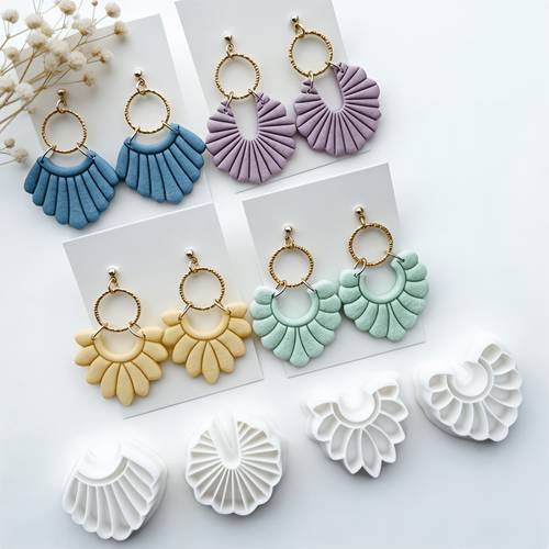4pcs bohemian fan shaped polymer clay cutters vintage embossed earring molds crafting tools this set of fan shaped cutting molds on a vintage bohemian aesthetic 4 layered fan and petal shaped designs