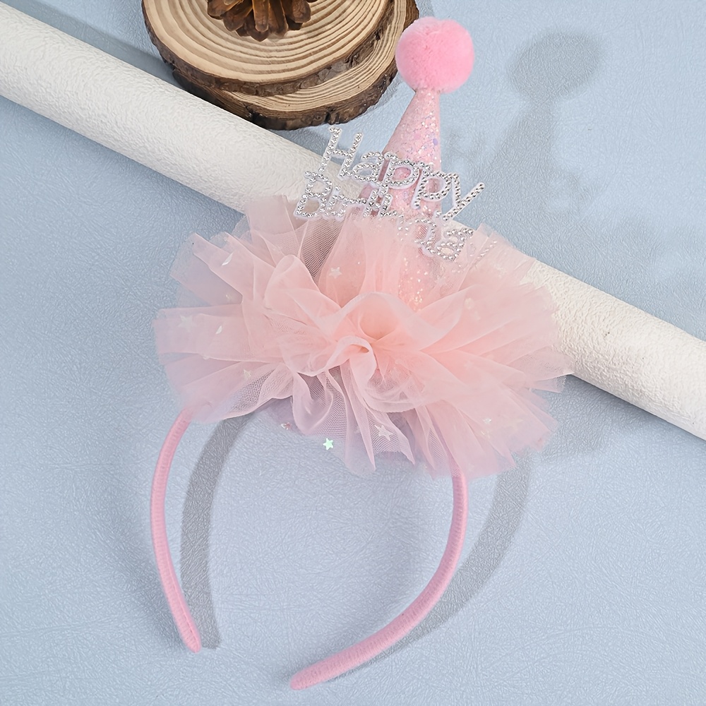 TEMU 1pc Accessoire Cheveux Fête d'Anniversaire Princesse, Serre-tête à Paillettes Anniversaire avec Strass et Pompon, Chapeau Conique en Tulle