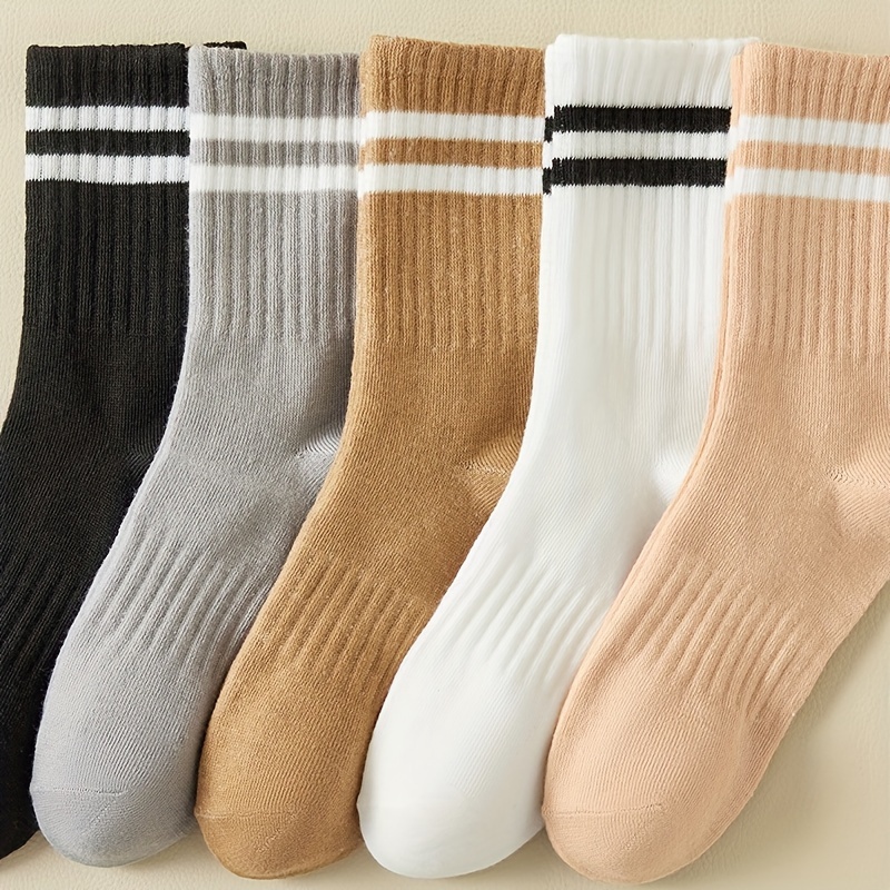 

5 Pairs Striped Print Crew Socks, Simple & Comfort Mid Tube Socks, Women's Stockings & Hosiery For Fall