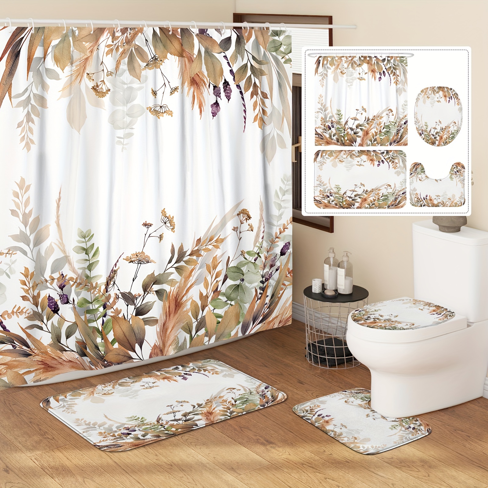 

1/4pcs Fall Leaves Botanical White Brown Shower Curtain Set, Polyester Waterproof Fabric Machine Washable For Bathroom Decoration, With 12 Hooks, Non-slip Bath Mat, U-shape Mat, Toilet Lid Cover