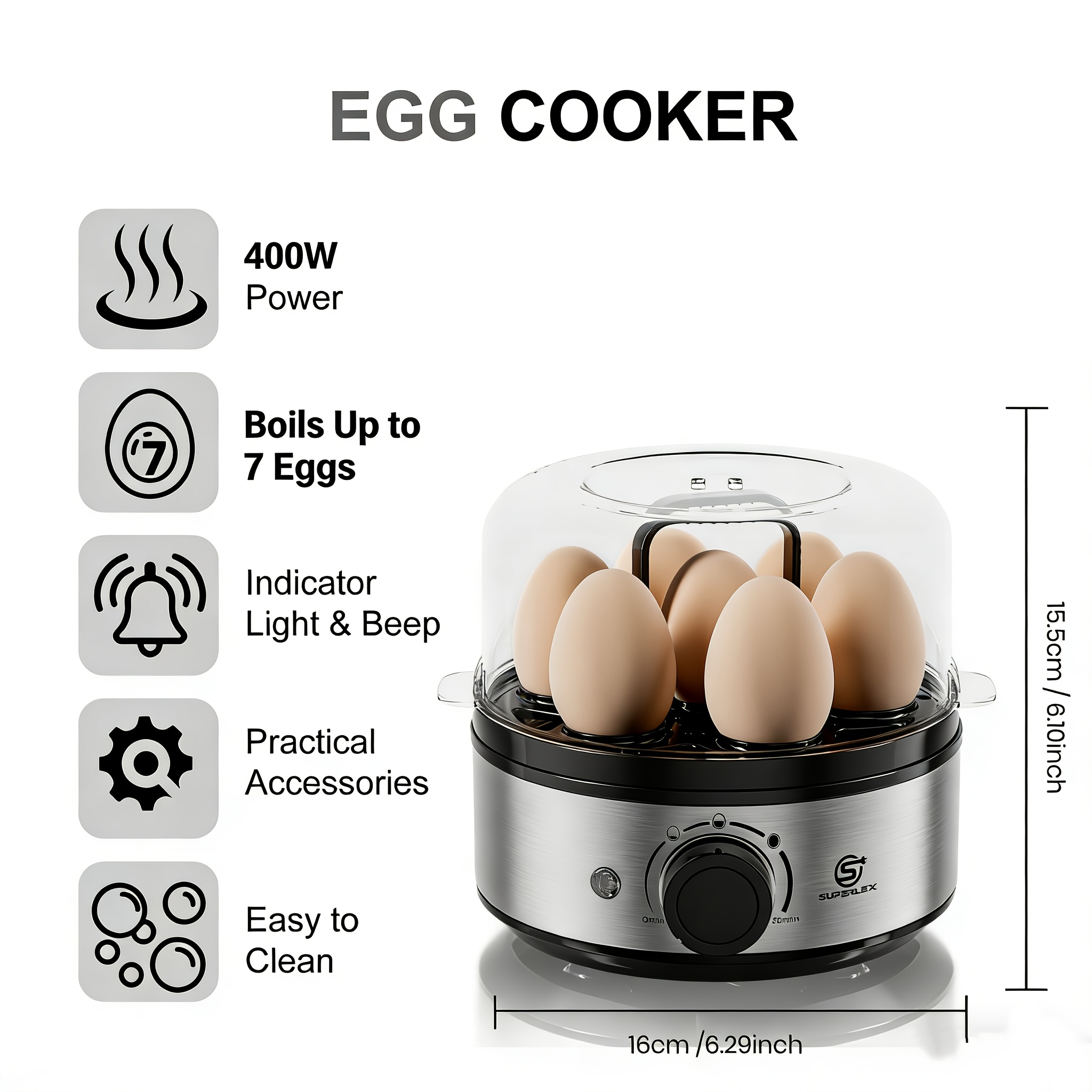 Temu Superlex Roestvrijstalen Eierkoker Voor 7 Eieren, 2-In-1 Elektrische Stoompan Met Hardheidsinstelling Timer, Automatische Uitschakeling Voor-image