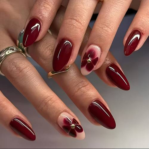 24pcs short press on nails shape with wine red golden bead glossy easy application for daily wear special occasions tools
