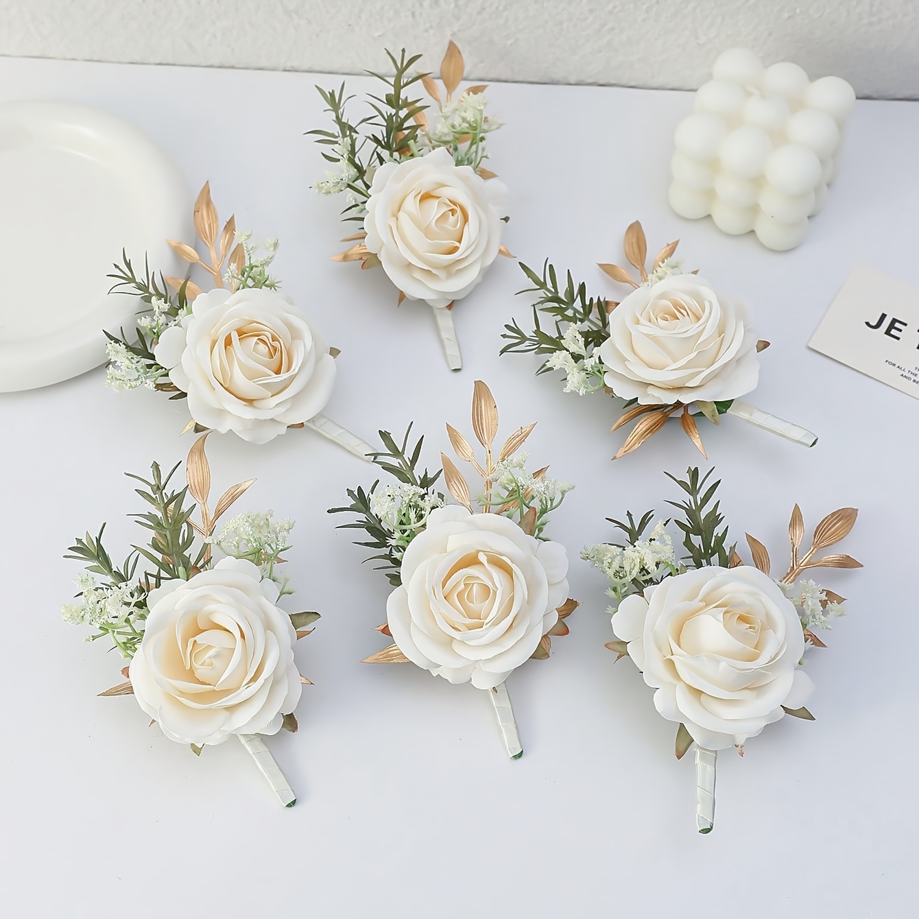 TEMU 6pcs White Princess Rose With Gypsophila Forest-style Aesthetic Brooch, Women's Attire Accessory, Suitable For Bride And Groom Wedding