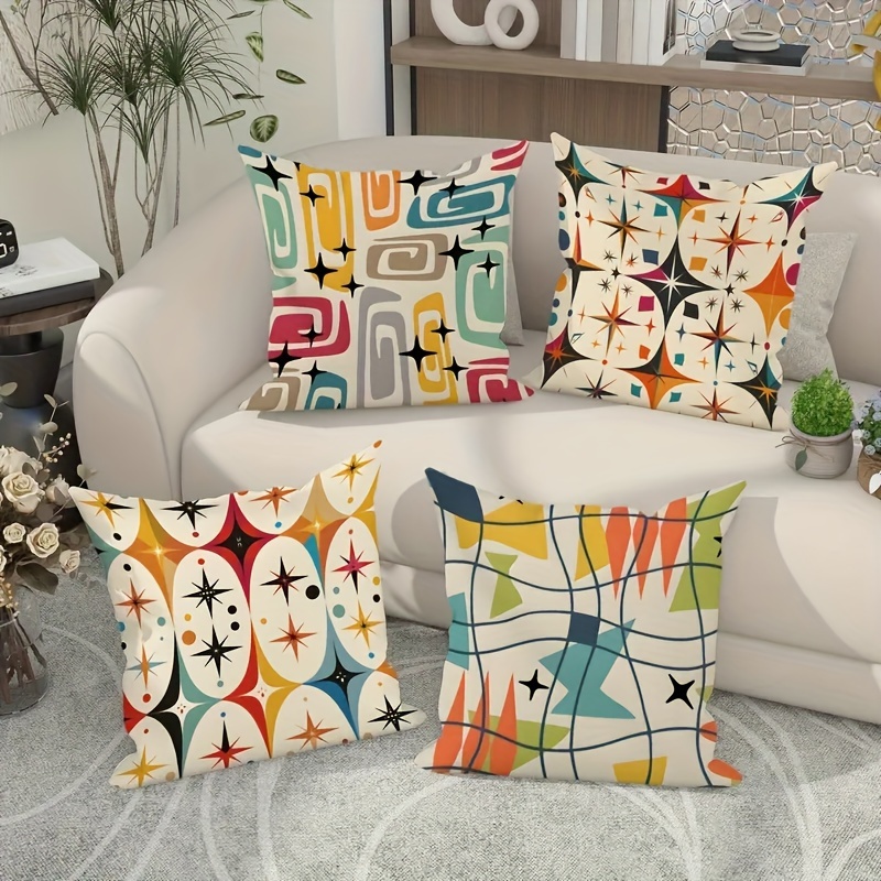 

Set Of 4 Retro Geometric & Abstract Pattern Throw Pillow Covers, Vibrant Mid-century Decorative Cushion Cases, Zippered Polyester Covers For Room Types, Contemporary Style, Hand Wash - 18x18 Inches