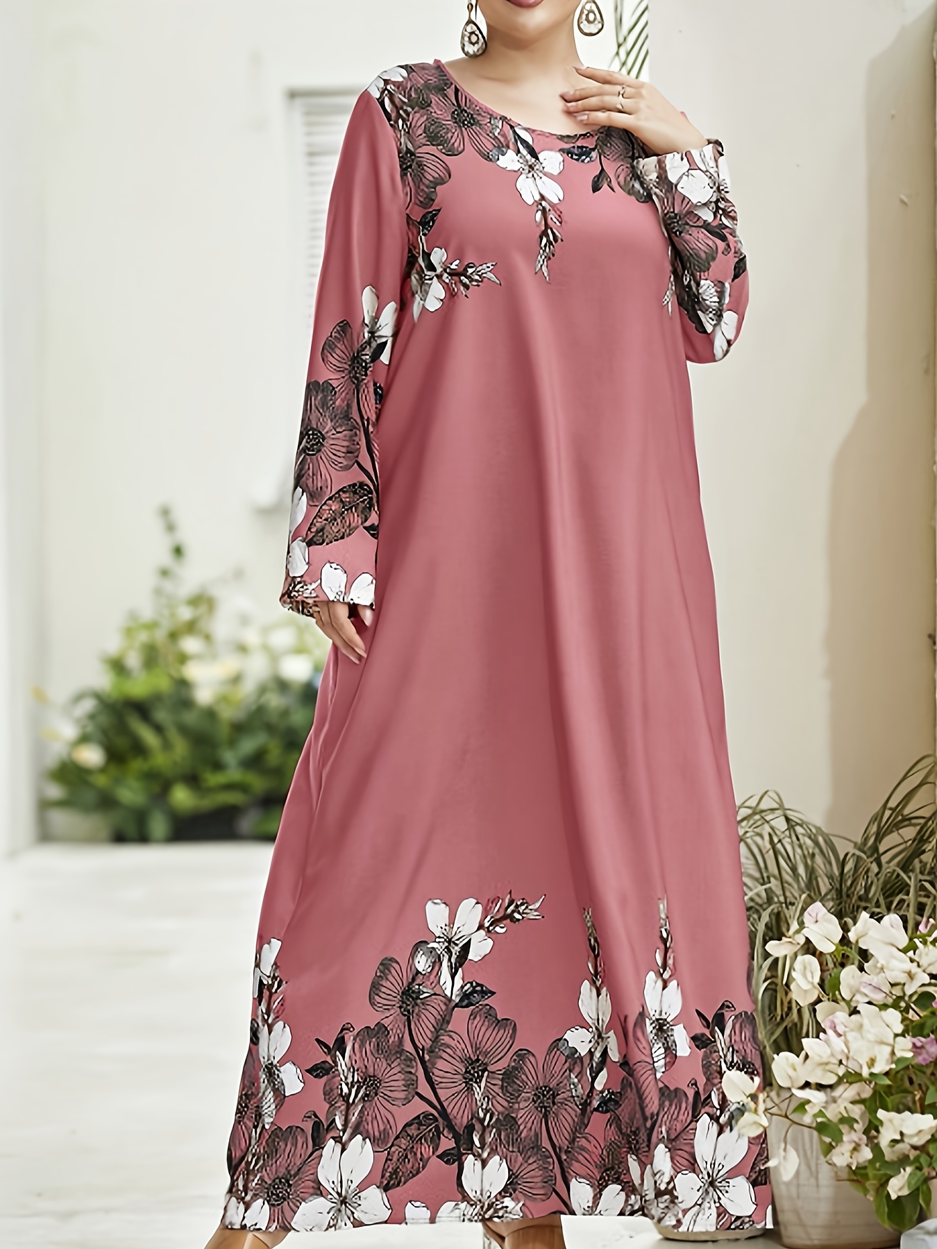 فستان طويل بطباعة زهور أنيقة للنساء قصة فضفاضة، أكمام طويلة