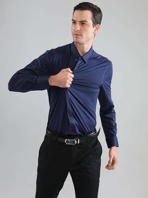 mens long sleeve stretch formal shirt solid color no pockets business casual office workwear for professionals
