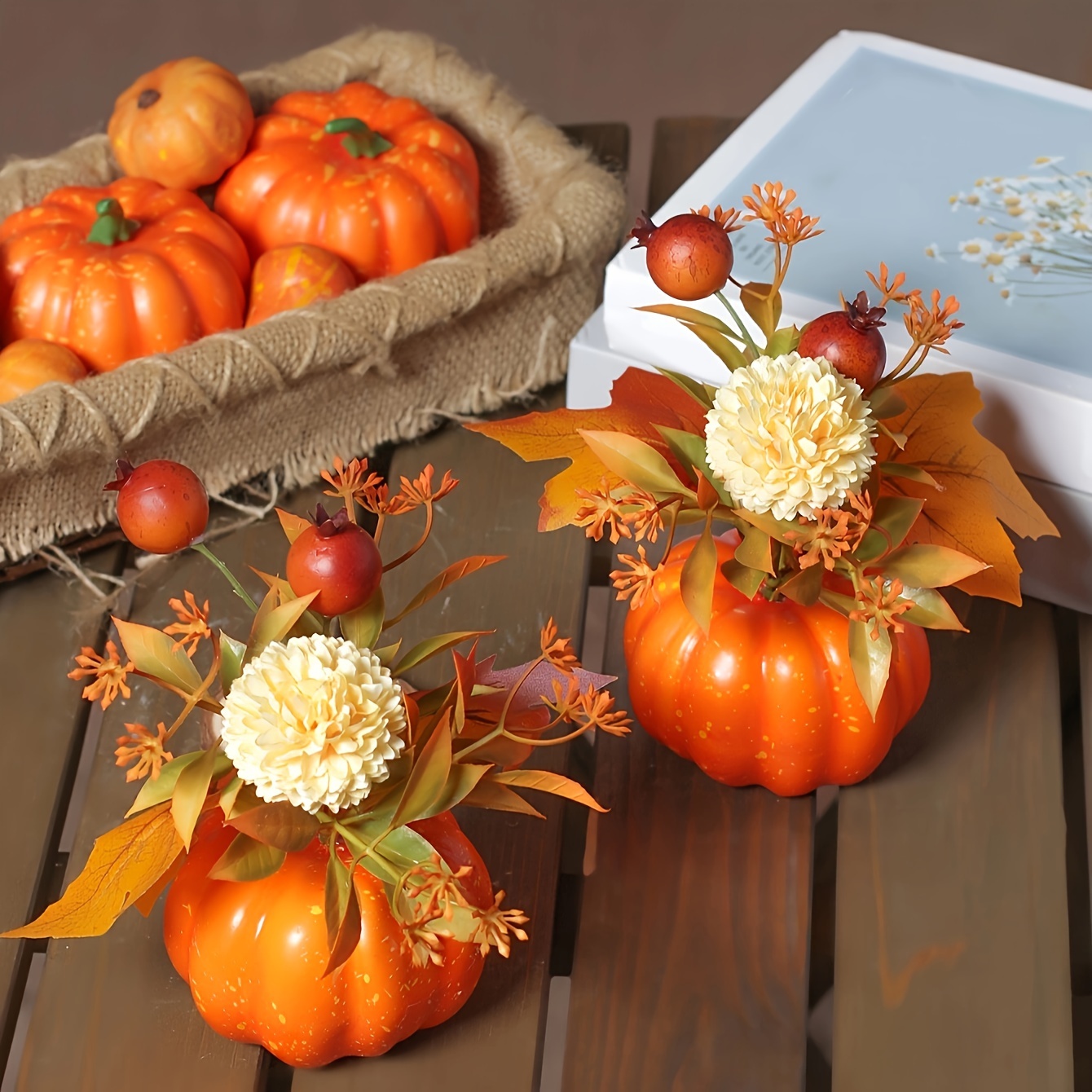 

1pc, Fall Pumpkin Decoration With Maple Leaves And Berries - Realistic Artificial Potted Plant For Table Centerpiece, Halloween Party, And Thanksgiving