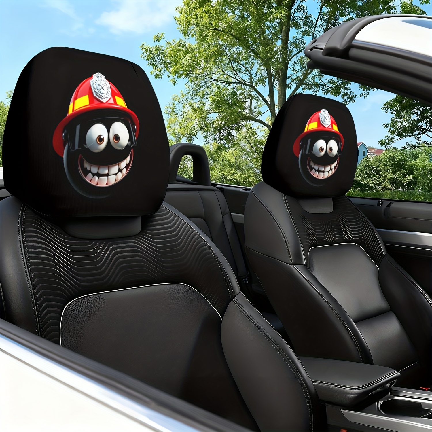 TEMU 2pcs Classic Car Headrest Covers With Cartoon Firefighter Design, Fit For Cars And Trucks, Decorative Car Accessories