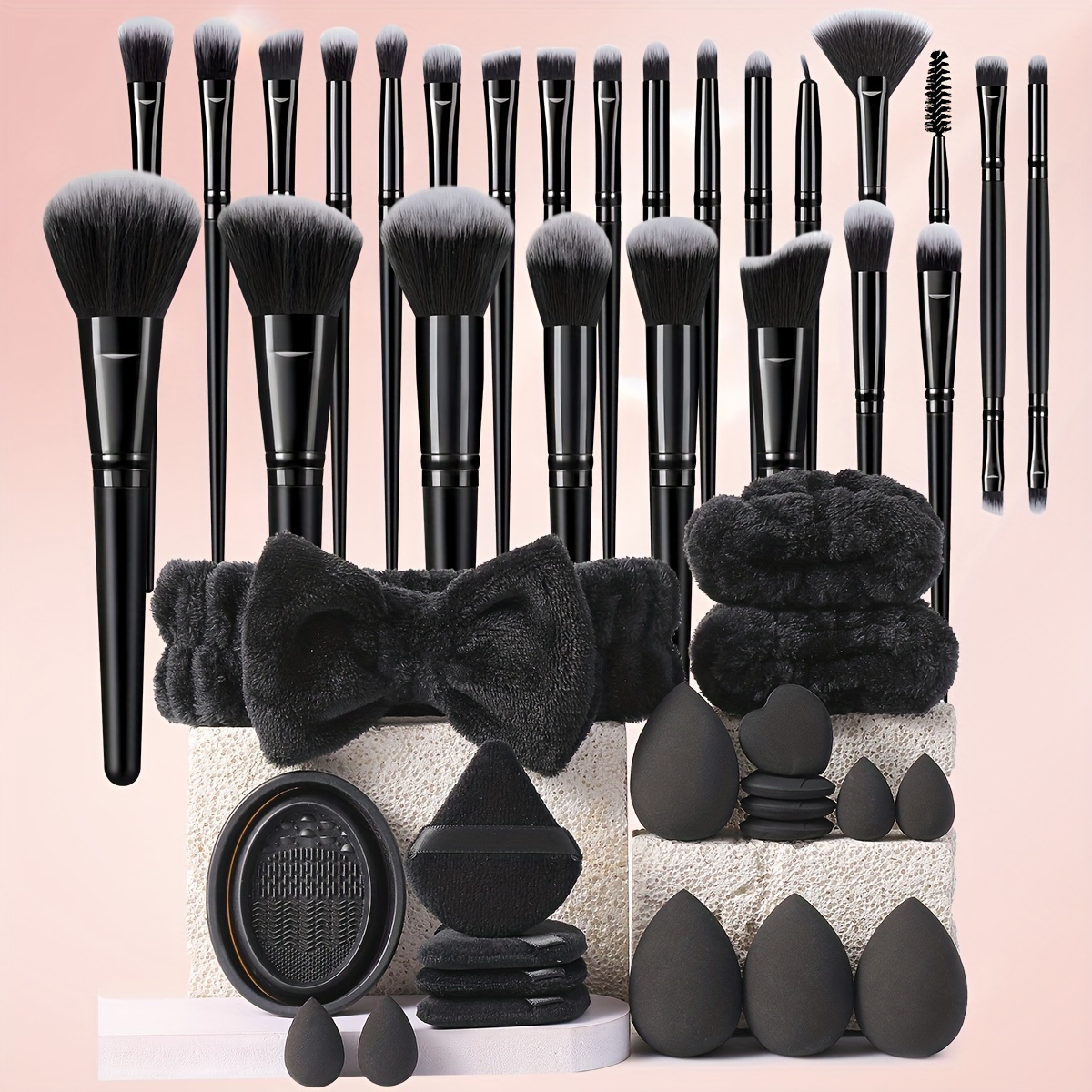 

45pcs Makeup Tool Set Includes: 25pcs Makeup Set + 4 Makeup + 4 Makeup + 4 + 4 + 1 Makeup Cleaning Tool + 1 Tie + 2