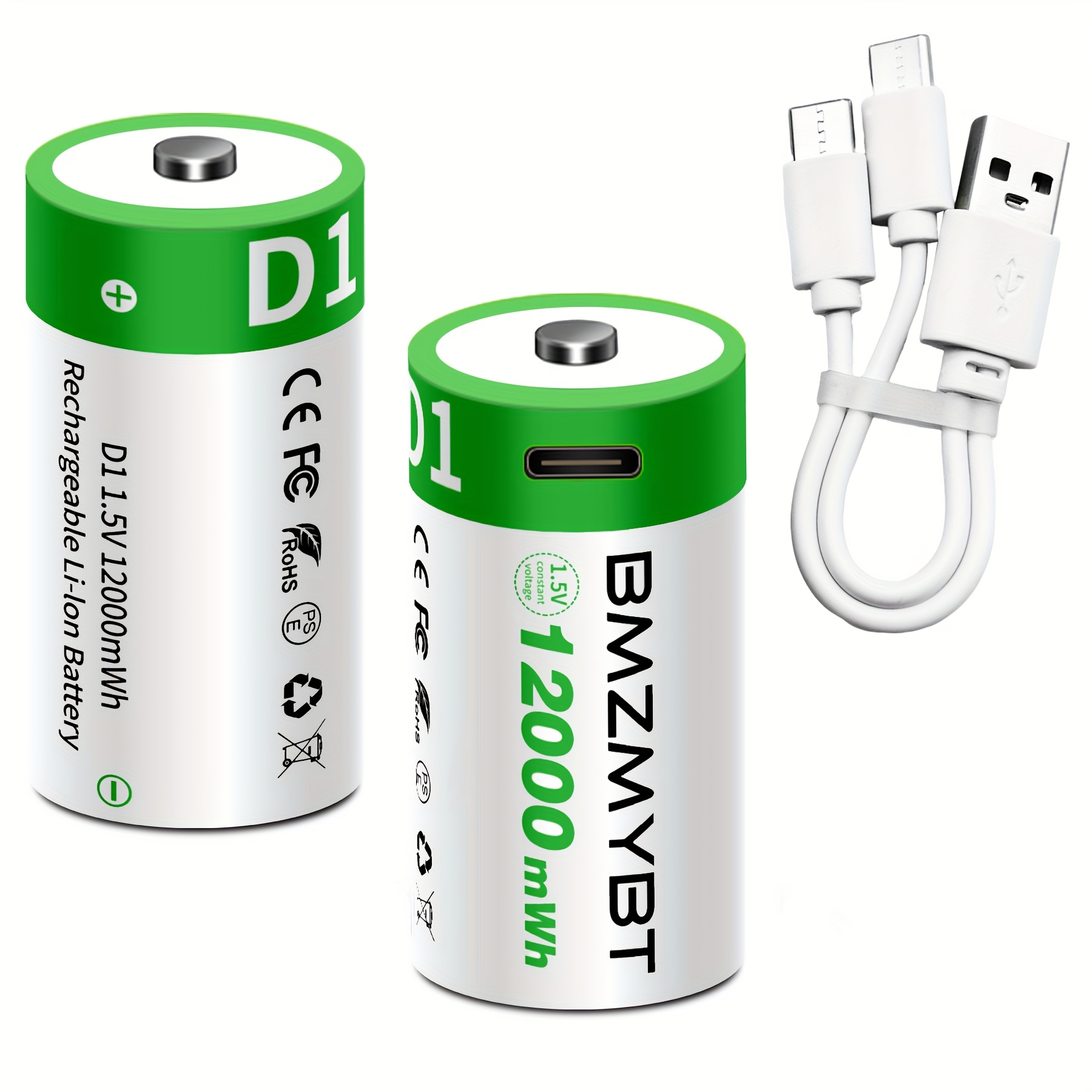 TEMU Set Of 2 Rechargeable D Batteries, Featuring Usb/type-c , High Capacity Of 1.5v 8000mah 12000mwh, -hour Charging, Stable Output, And Durability