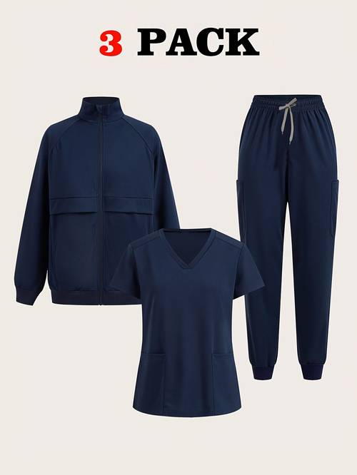 Druckfreies Dreiteiliges Set: Waschbare Oberbekleidung für Damen – Langarmjacke für , Tierladen und Schönheitssalon – Sommerkollektion