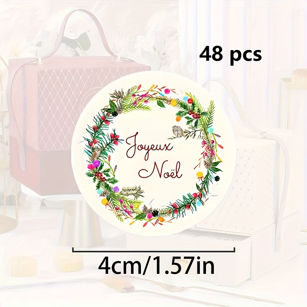 TEMU 48 autocollants de Noël français - Couronne "" avec chouettes, verdure et rouges - pour emballage cadeaux, cartes, enveloppes, sacs - Décoration
