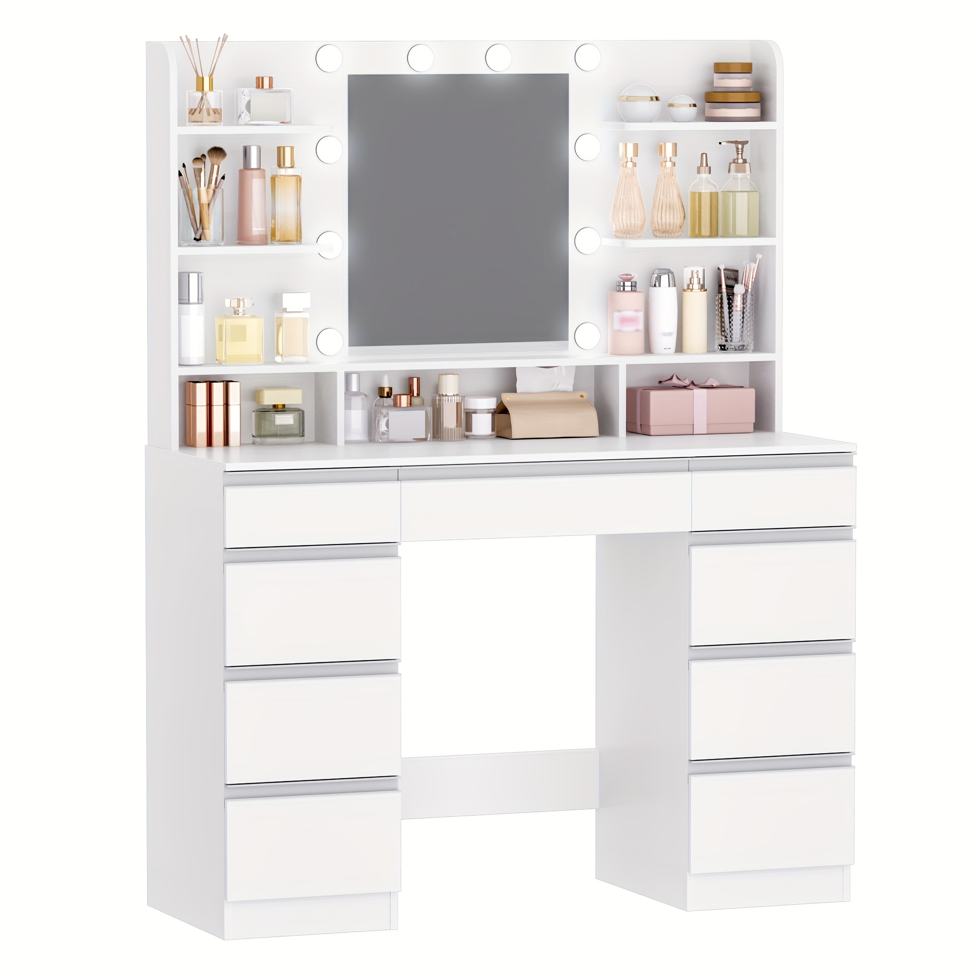 TEMU Dressing Table, In , Adjustable Brightness, Large Hd Mirror, 1 Large Drawer And Small Drawer Cabinets, 9 Open Shelves, White