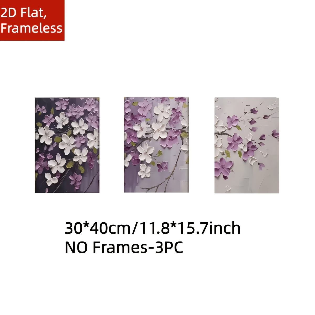 TEMU 2d Flat, Frameless, 2d Flat, 3pcs White Purple Contrasting Color Stitching Plant Flower Pattern Printed Canvas, Time Interior Decoration Poster,