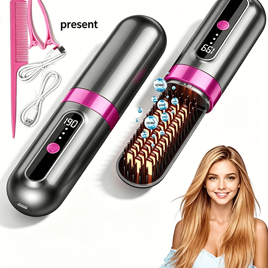 TEMU Latest Model Cordless Hair Straightener, Ceramic Glazed Ion Straightener Comb, Portable Rechargeable Heat Brush For Home And Travel, Wireless