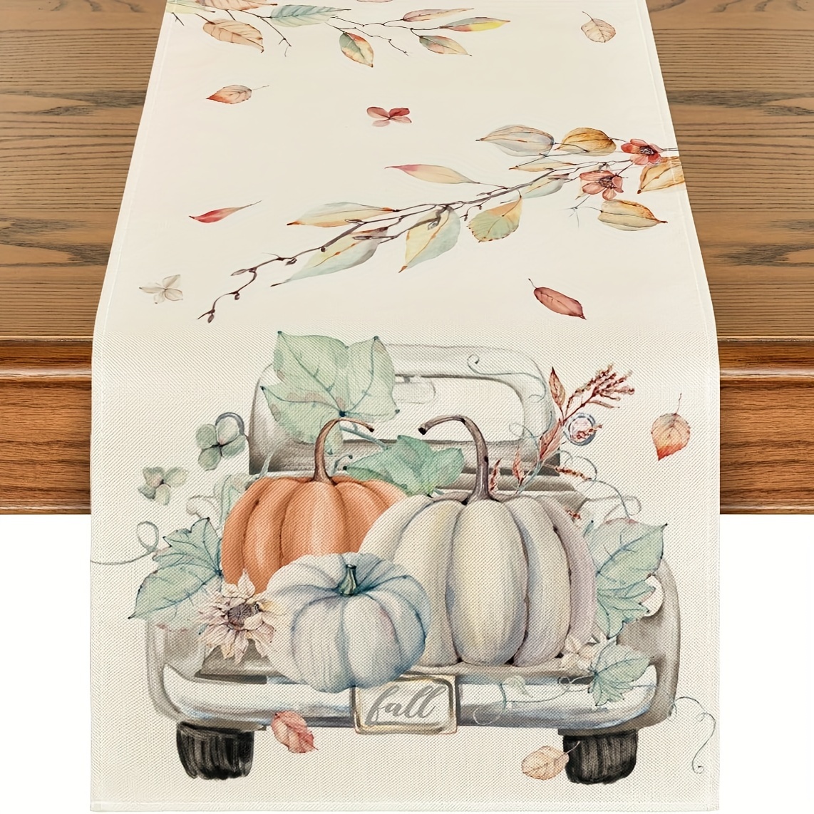 

1pc, Rustic Linen Table Runner, Pumpkins Truck And Autumn Leaves Design, Festive Table Decor, Perfect For Fall Seasonal Home & Party Decor