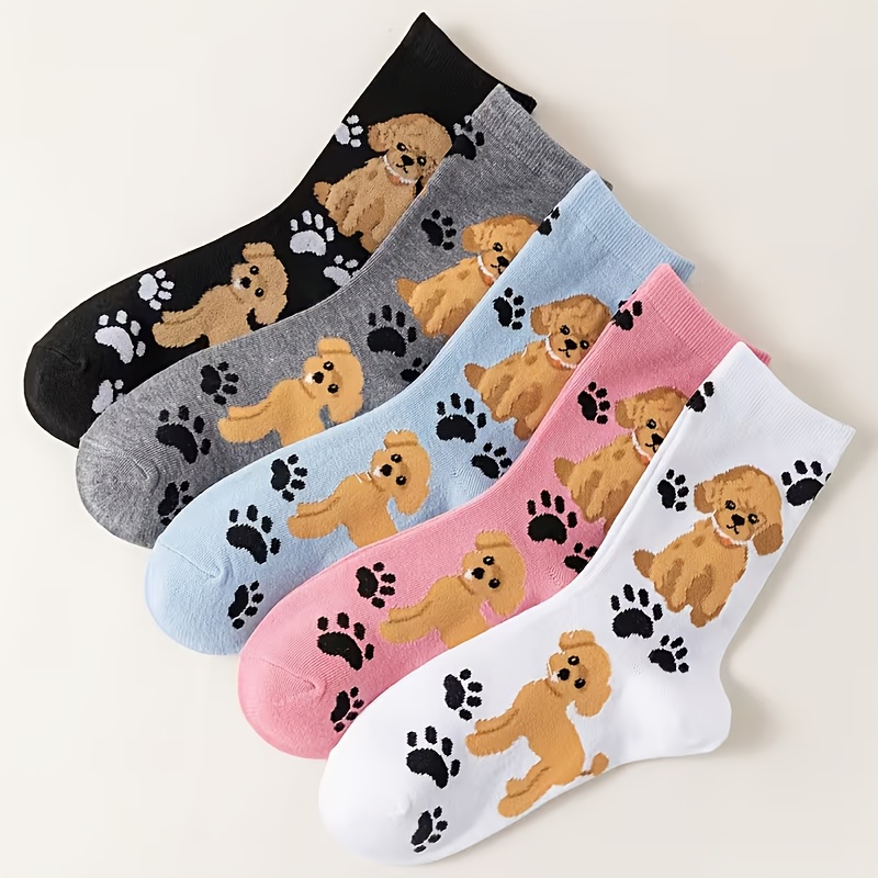 TEMU 5 Pairs Of Stylish And Cute Cartoon Animal Dog Paw Print Mid-calf Socks For Women