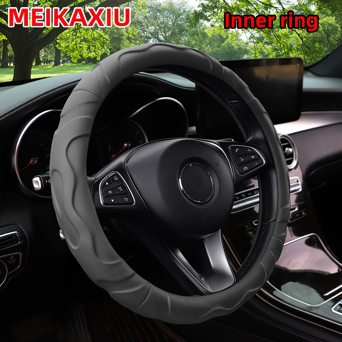 1 Artificial Sheepskin PU Leather Textured 3D Design Sports Car Steering Wheel Cover, Suitable for 14.5-15 Inch (37-38cm) Vehicles