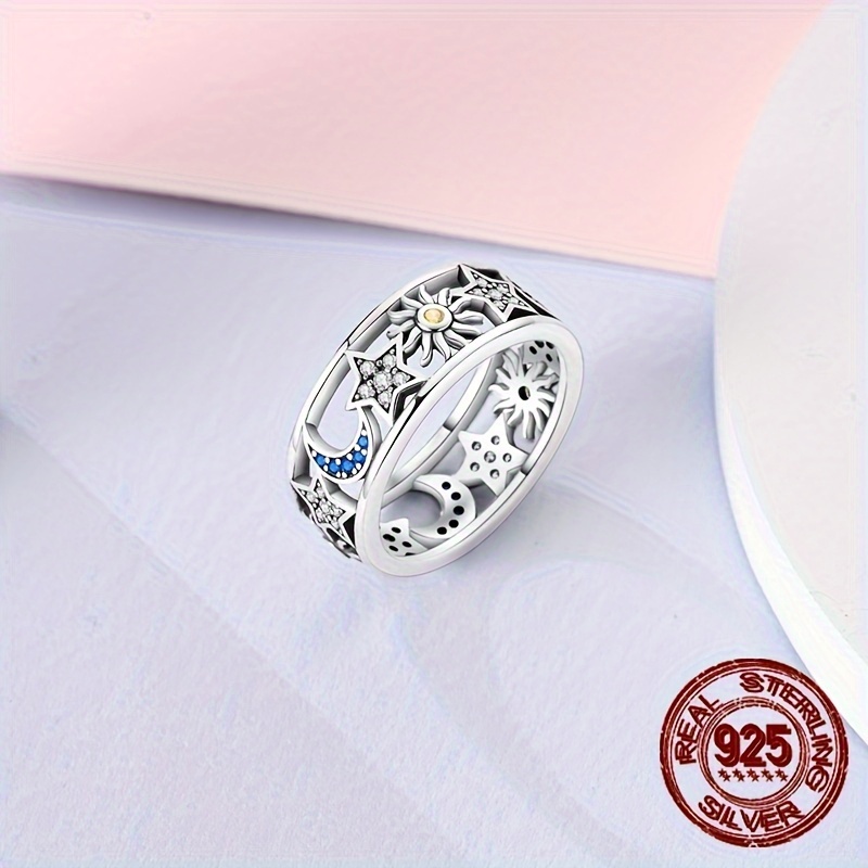 925 Silver Sun Moon Star Hollow Zirconia Ring Eid Ramadan Gift