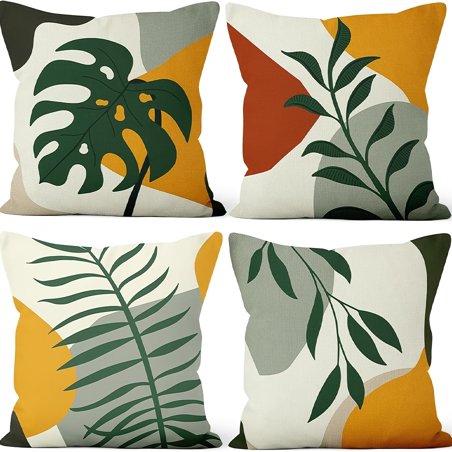 

4pcs Bohemian Throw Pillow Covers, 100% Linen, Machine Washable, Zipper Closure, Woven Decorative Cushion Cases For Home & Outdoor Sofa - Green Monstera Farmhouse , Summer, Botanical