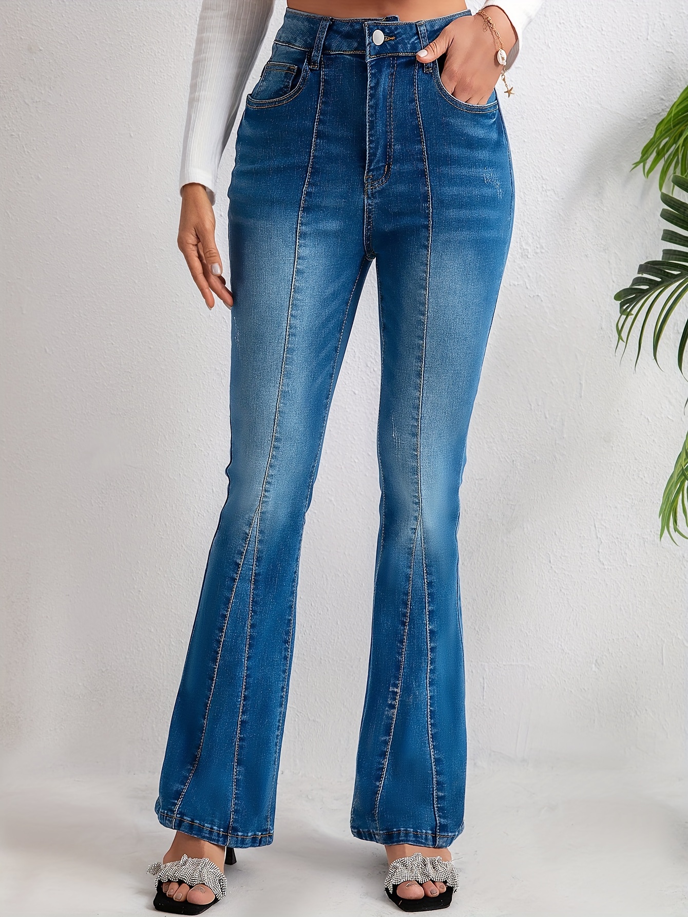 High Stretch Washed Flare Jeans Slant Pockets Fashion Bell - Temu Canada