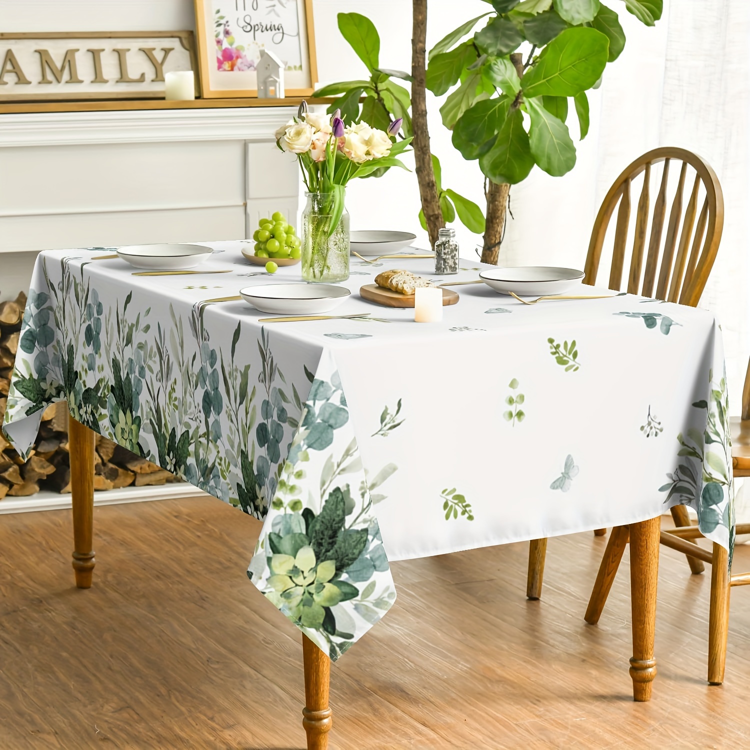 

Sm:)e Spring Summer Tablecloth Rectangular, Eucalyptus Floral Table Cover For Party Picnic Dinner Decor