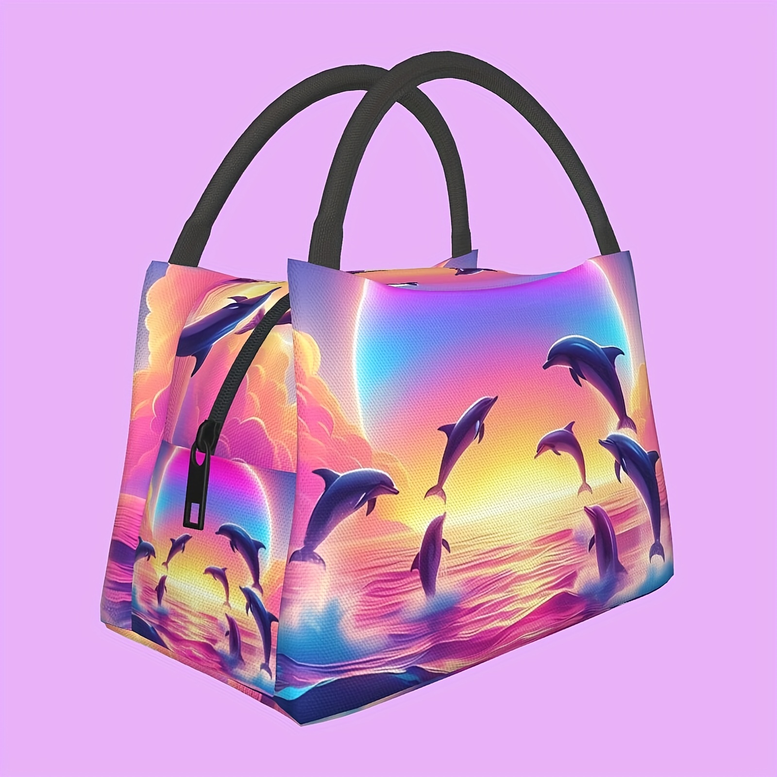 

Vibrant Dolphin Sunset Tote: 11x6.3x6.7 In, Reusable Insulated Lunch Bag, Perfect For Work, Beach, Camping - Water Resistant, Polyester Fabric