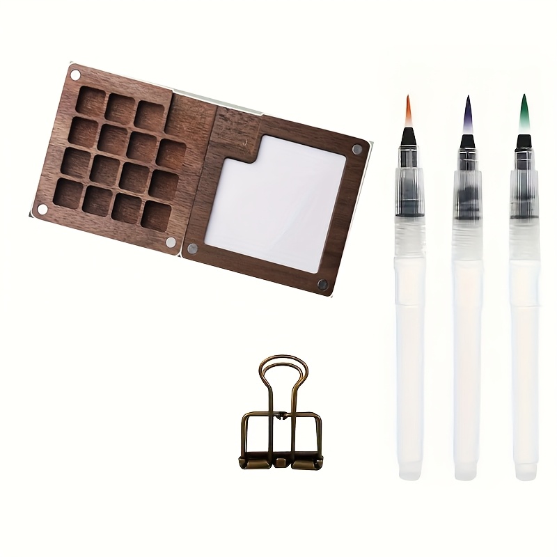 E-shop 5er-Set Walnussfarbene Mini-Handgefertigte Praktische Holz-Aquarell-Verpackungsbox Mini-Zeichenbrett/Stift/Langschwanz-Clip-Set Ohne Pigment