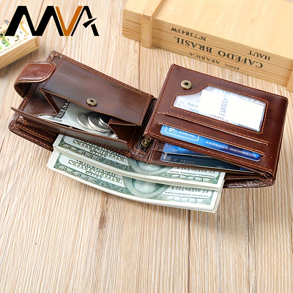 

Mva Men's Casual Leather Wallet, Top Layer Cowhide With Polyester , Solid Color, Compact Multi-card Holder With Coin Pocket And Photo Slot