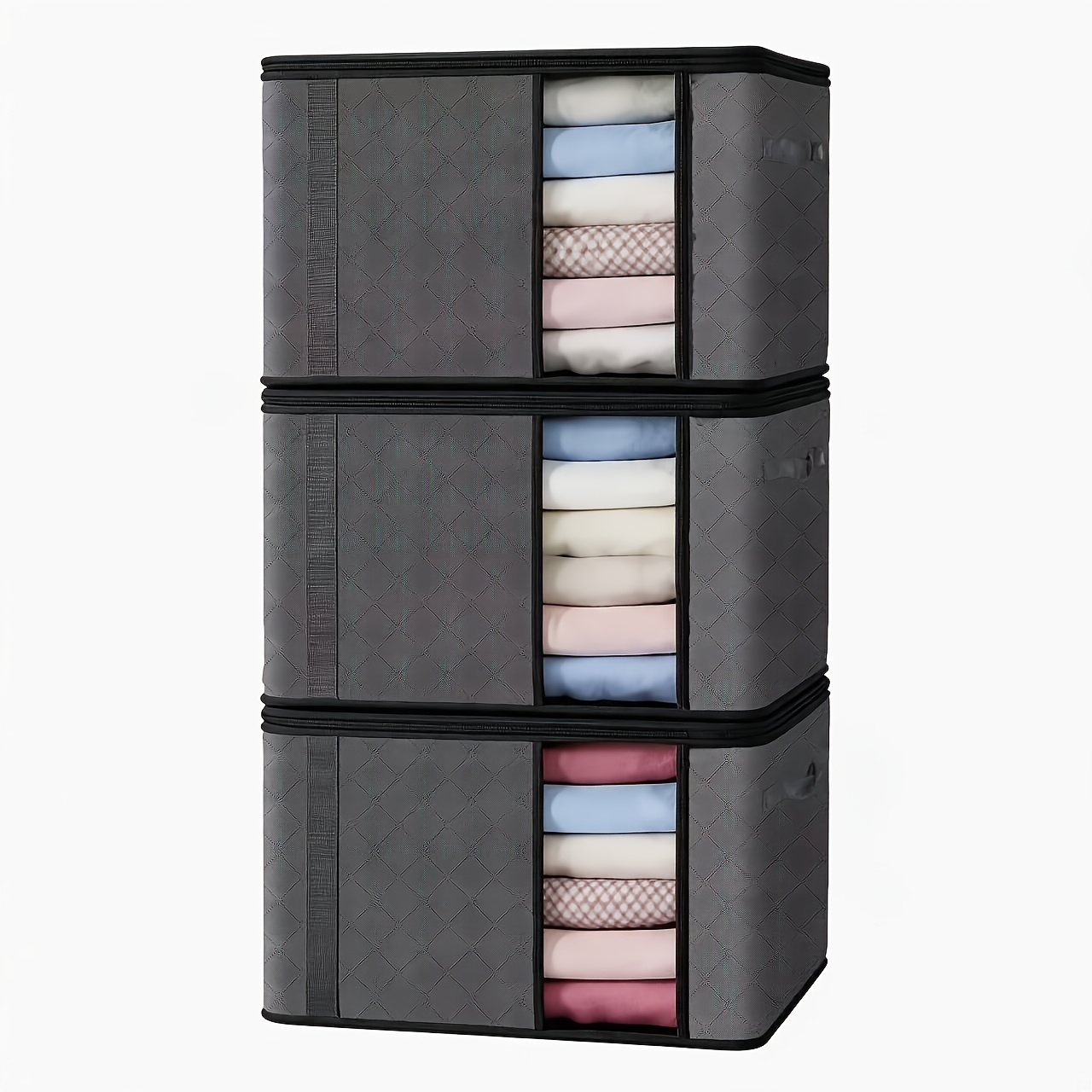 TEMU 3-pack 60l Large Capacity Clothes Storage Boxes Non-woven Window With Zipper Closet Quilt Organizer Home Fabric Storage Box Foldable With Handle