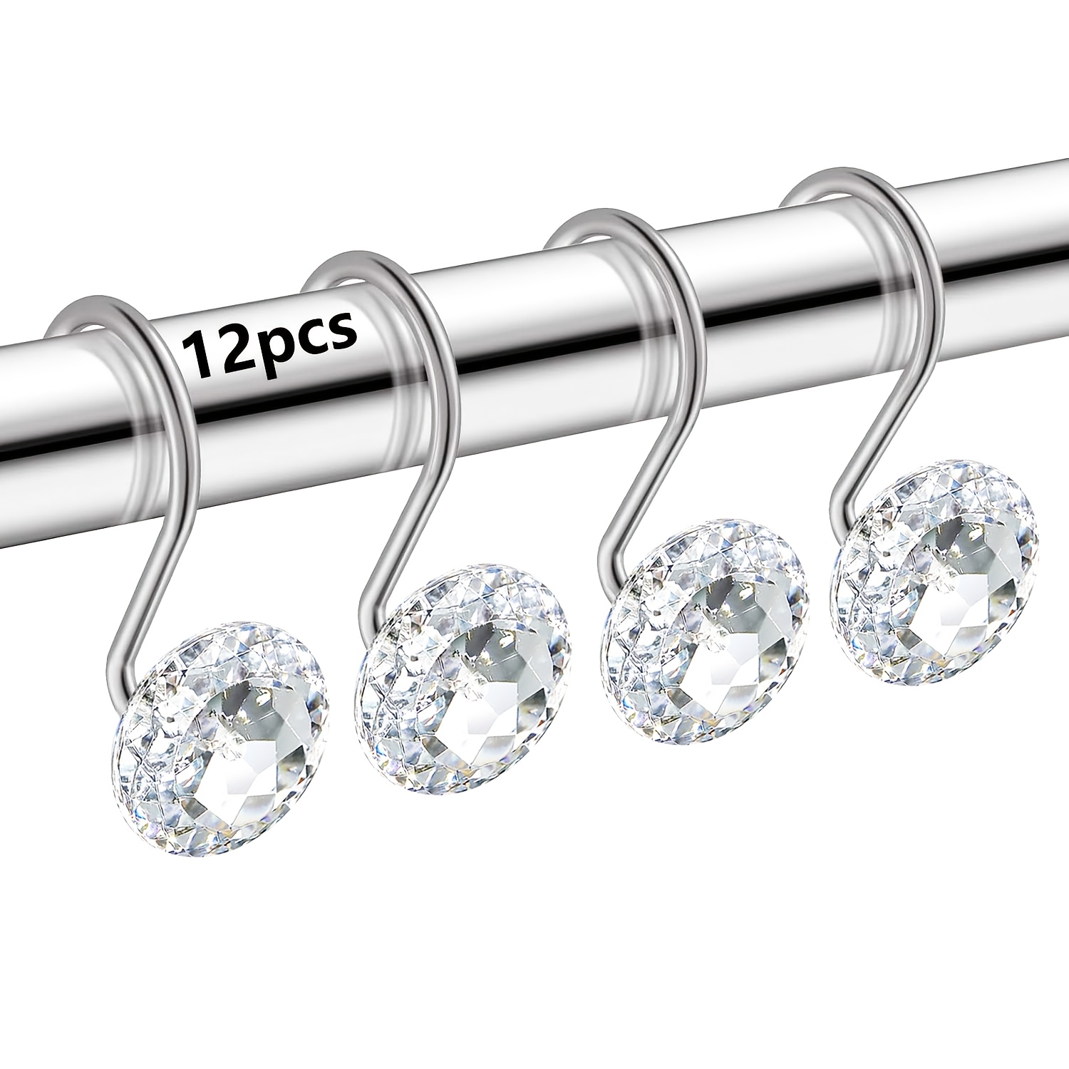 E-shop 12er-Set Edelstahl-Duschvorhanghaken mit Klaren Acryl-Edelsteinen - Elegante Badezimmer-Accessoires für Vorhänge & Stangen, Stangen-Dekoration |