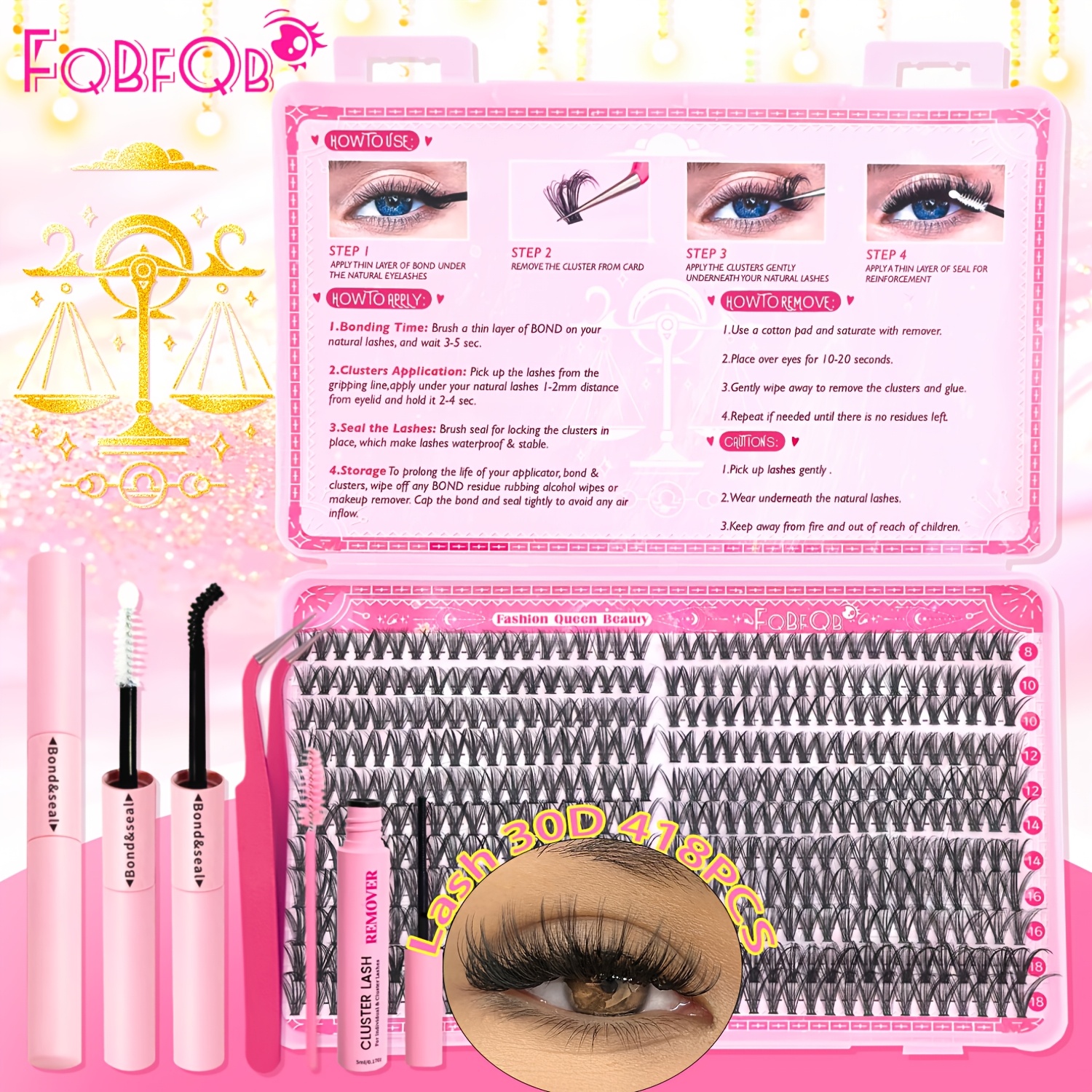 DIY FQBFQB 3040D Cluster Self-Grafting False Eyelashes Set, 418pcs/836pcs Natural Style False Eyelashes Set, Mixed Length 8-18mm, D Curl False Eyelashes with False Eyelash Glue Tweezers, Brushes, Remover and Grafting Tools, Suitable for Beginners